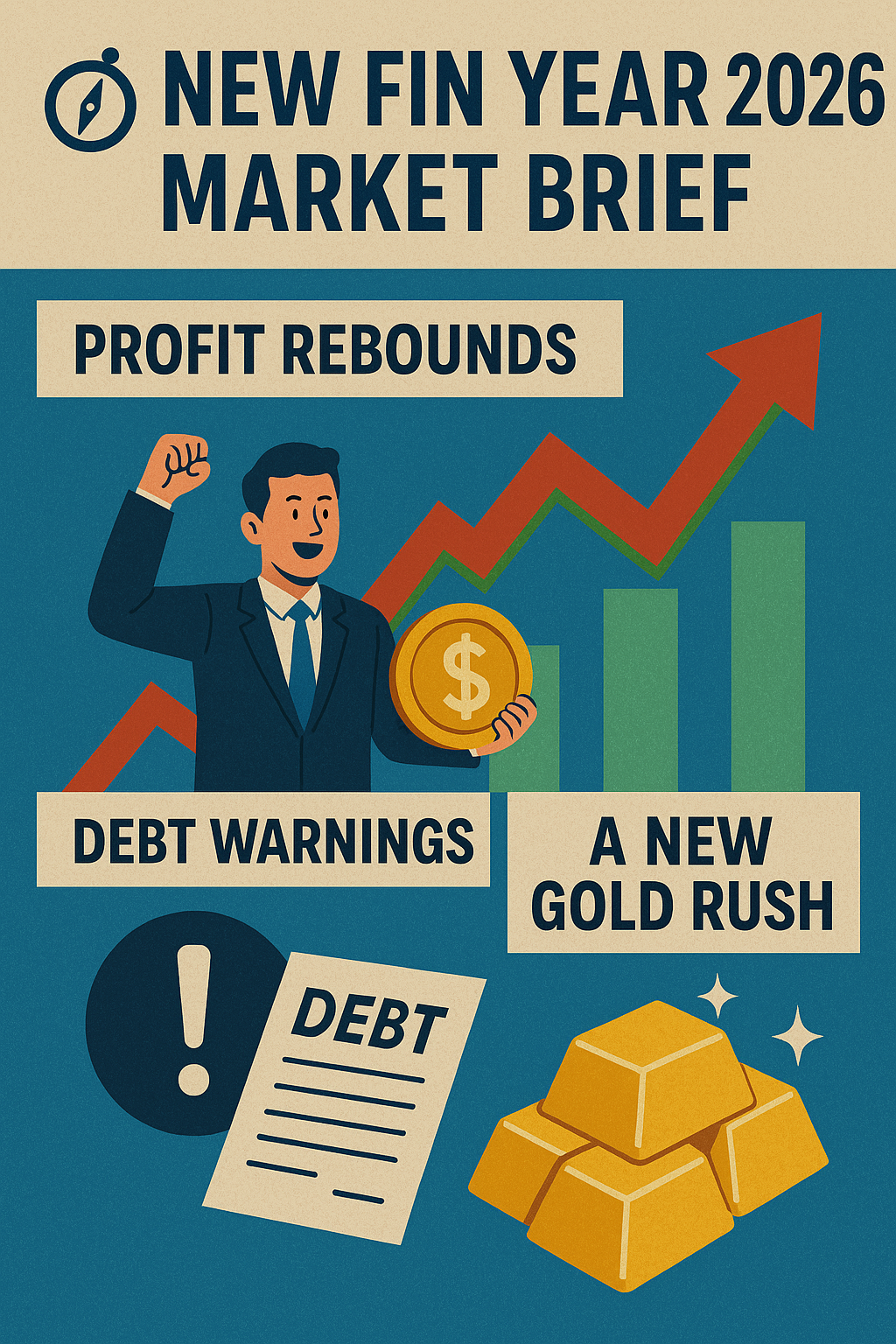 🧭 New Fin Year 2026 Market Brief: Profit Rebounds, Debt Warnings, and a New Gold Rush